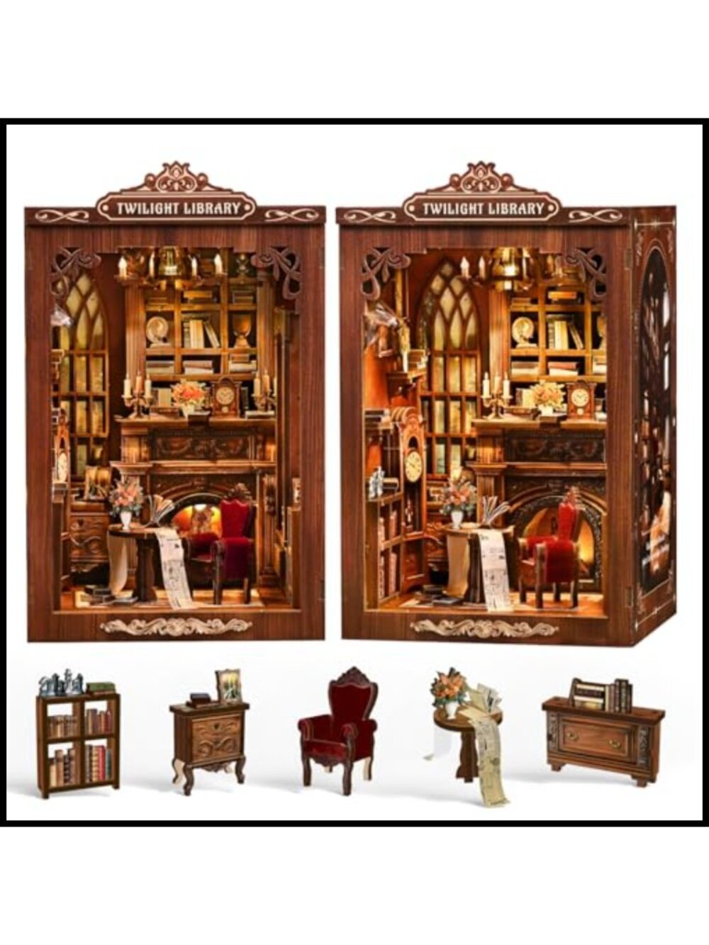 3D Wooden Puzzle Twilight Library Book Nook Miniature Kit LED